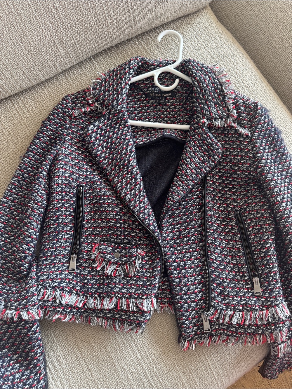 Zara Tweed Fringe Moto Jacket - Black, White & Red